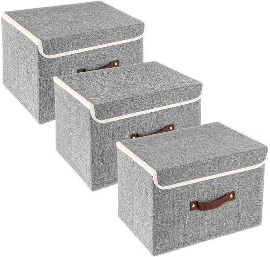 Boîte de Rangement avec Couvercle en Tissu Gris, Set de 3 Bacs Lavables
