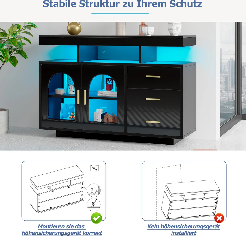 Commode de Salon Façade Brillante Noire avec LED Intégrées et Tiroirs
