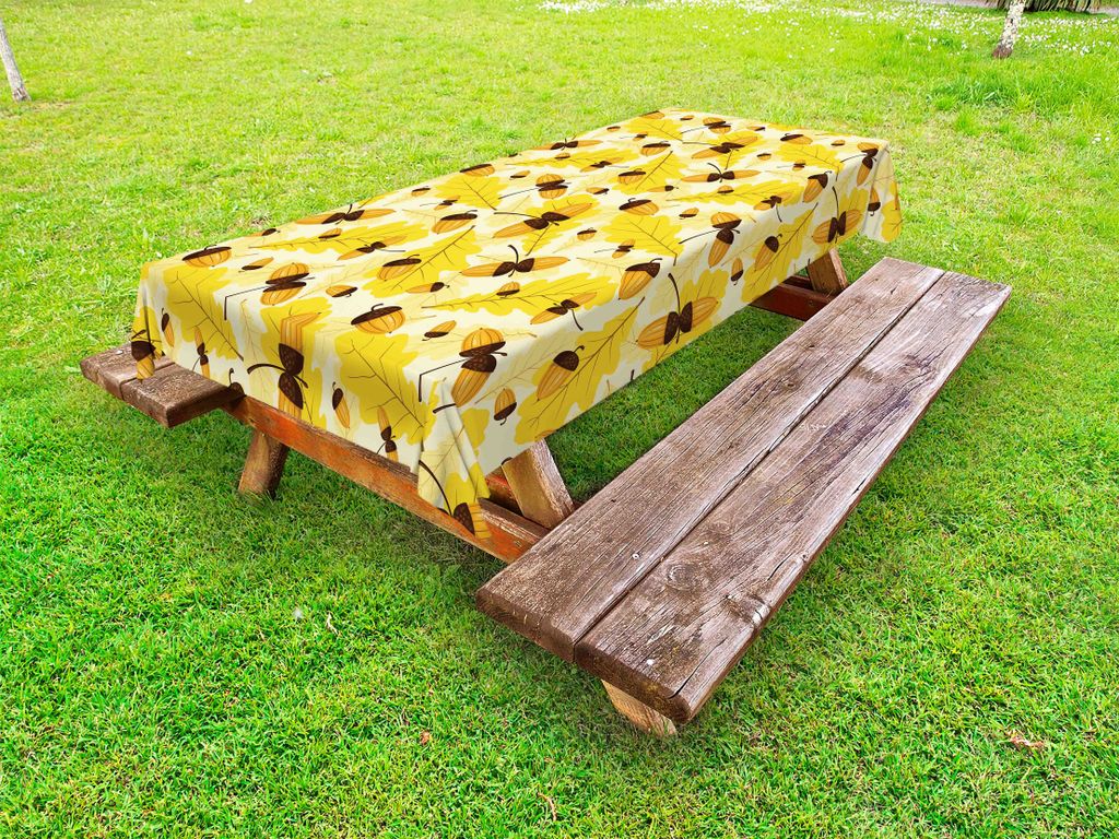 ABAKUHAUS Herbst Tischdecke Outdoor, Fall-Saison Muster von Eichenlaub und Eicheln Ökologie Elemente Natur-Druck, Gelb Creme Braun, 145x305cm