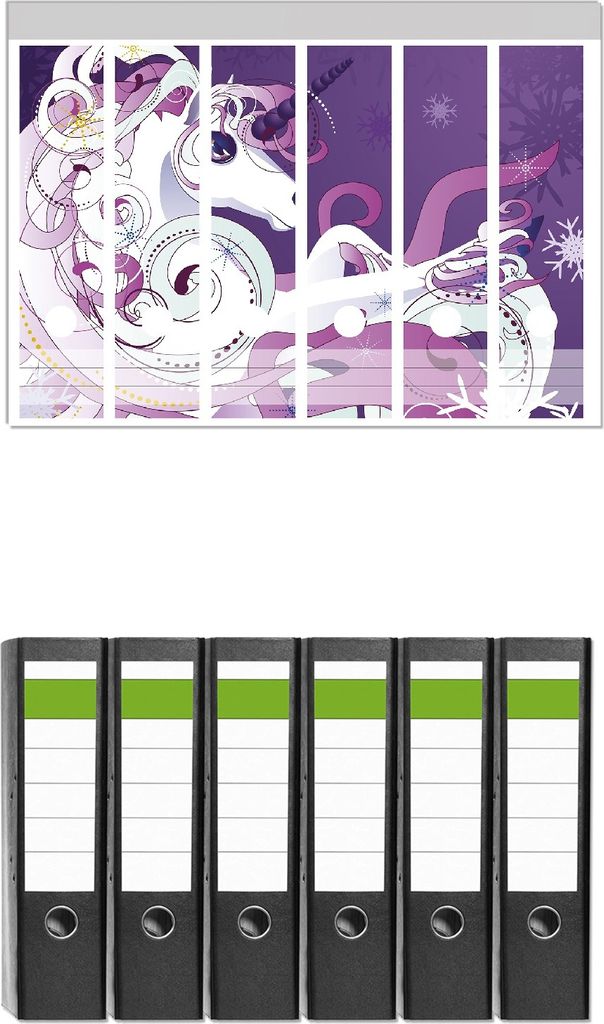 Wallario 6 Stück breite Ordner inkl. Klebeetiketten mit Motive Einhorn in lila und pink - Set mit Rückenschildern / Ordnerrücken Stickern