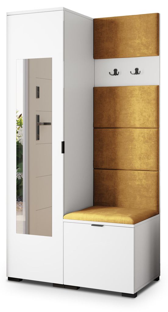 Masseno Garderobe-Set VIRA 95/181/51 cm Modern Garderobenschrank Weiß, Veloursstoff MONOLITH 48 (Gelb)