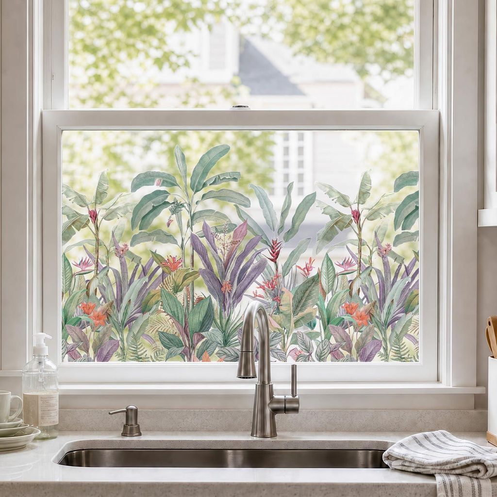Fensterfolie - Statisch haftend mit botanischem Blumenmuster - Sichtschutz für Küche und Wohnbereich - 44x200 cm