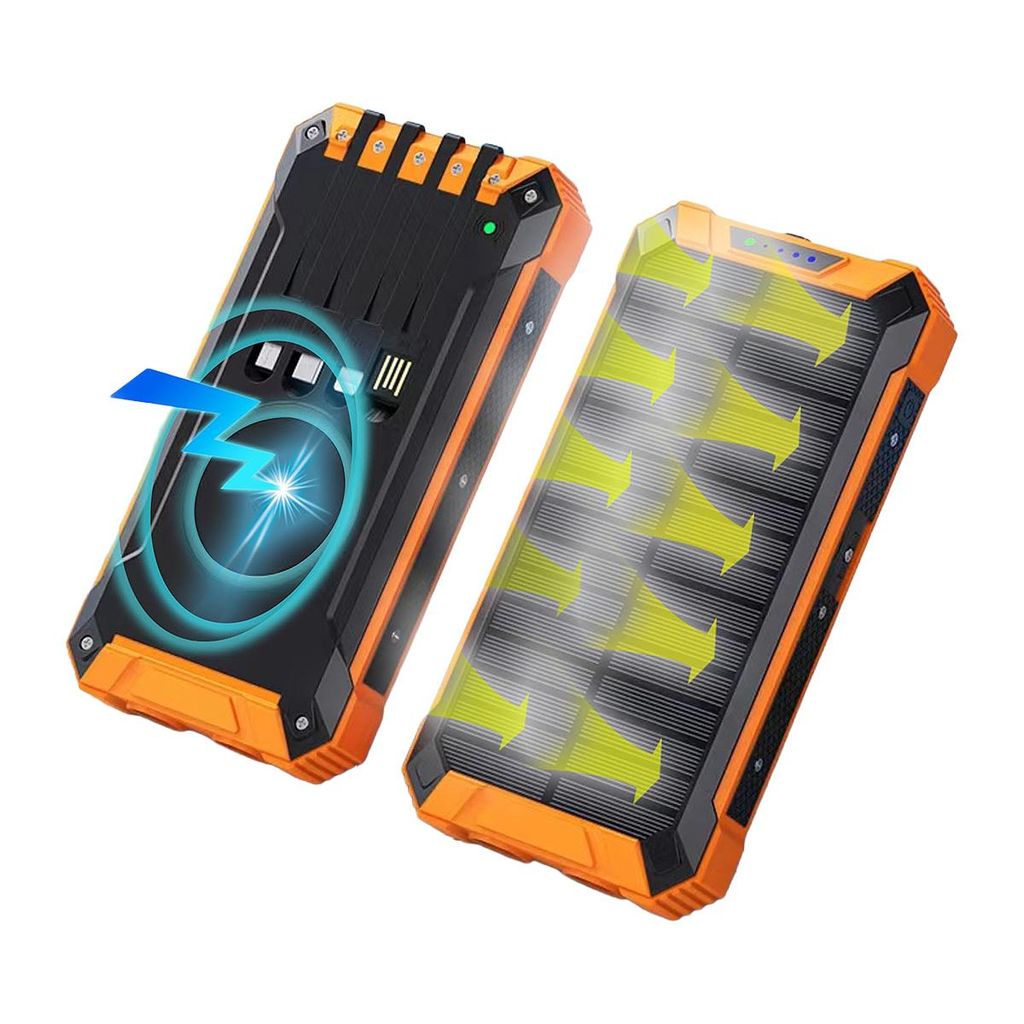 Solarladegerät & Powerbank 20000 mAh, Kabelloses Schnellladen, 4 integrierte USB-Kabel, LED-Taschenlampe & Karabiner, kompatibel mit iPhone & Android