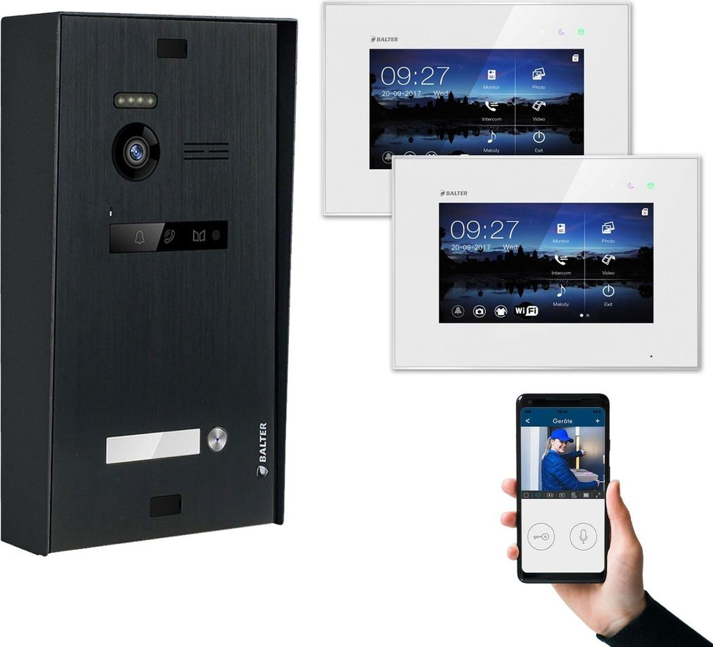 BALTER EVO Aufputz Schwarz 2-Draht 2x 7" WiFi Monitor Weiß Video Türsprechanlage Set 1 Familienhaus