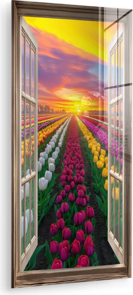 MuchoWow Glasbilder - Bilder auf Wandbild - Foto auf Glas Ansichten - Blumen - Tulpen - Farbenfroh - Sonnenuntergang 40x80 cm Wanddekoration aus Gl...