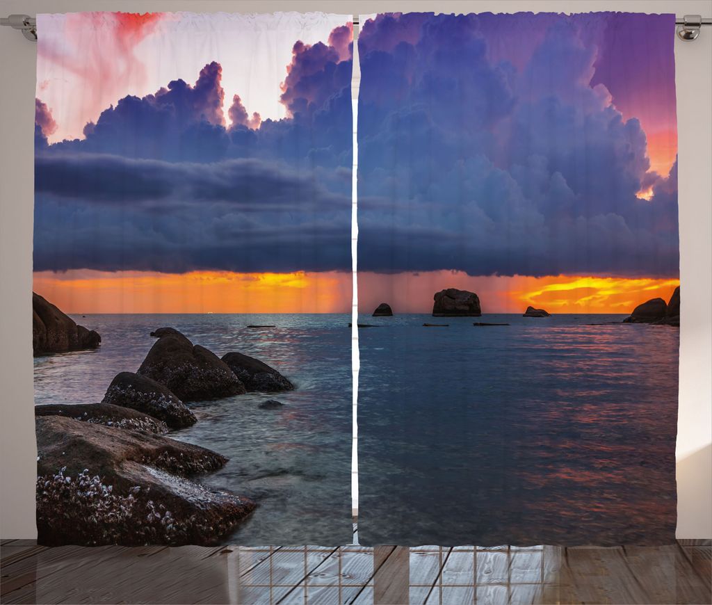 ABAKUHAUS Strand Rustikaler Gardine, Tropic Seashore Sunset, Schlafzimmer Kräuselband Vorhang mit Schlaufen und Haken, 280 x 245 cm, Mehrfarbig