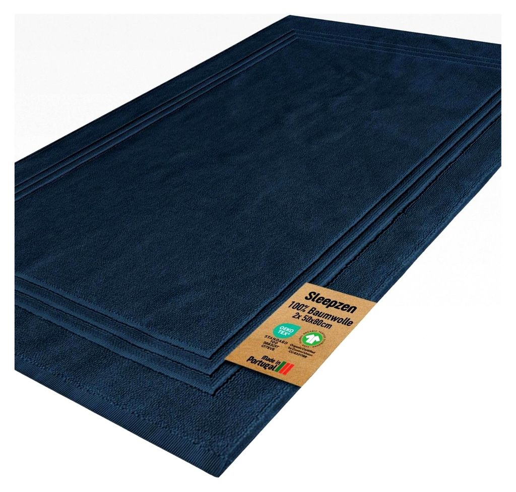 Badematte - Badteppich 2er Set - Poseidonblau - 50x80 cm - 800 g/m² - Waschbarer Badvorleger aus GOTS-er Baumwolle - Extra weich und dick - -