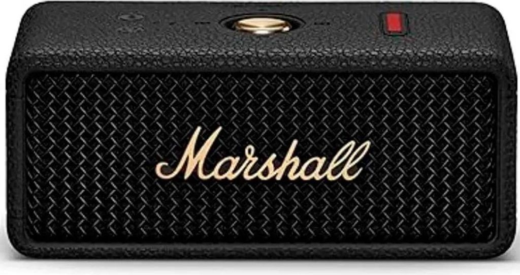 A black Marshall portable Bluetooth speaker with a brass Marshall logo.