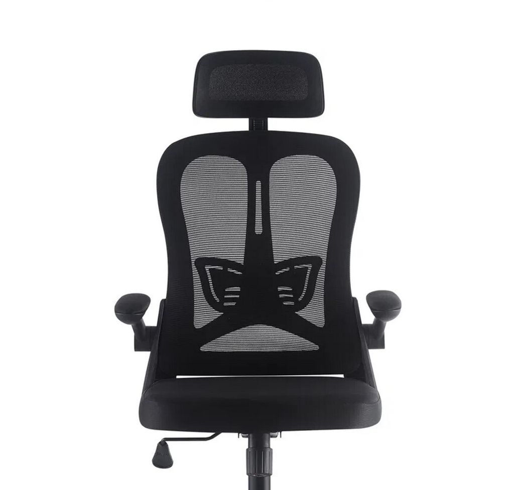 A black ergonomic office chair with a headrest is shown from the front against a white background.