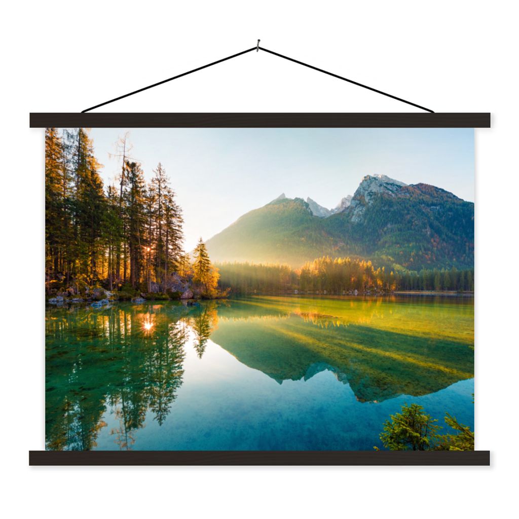 MuchoWow Textilposter See - Wald - Berge - Natur - Sonne - Landschaft 150x113 cm mit schwarzem Rahmen - Wohnzimmer