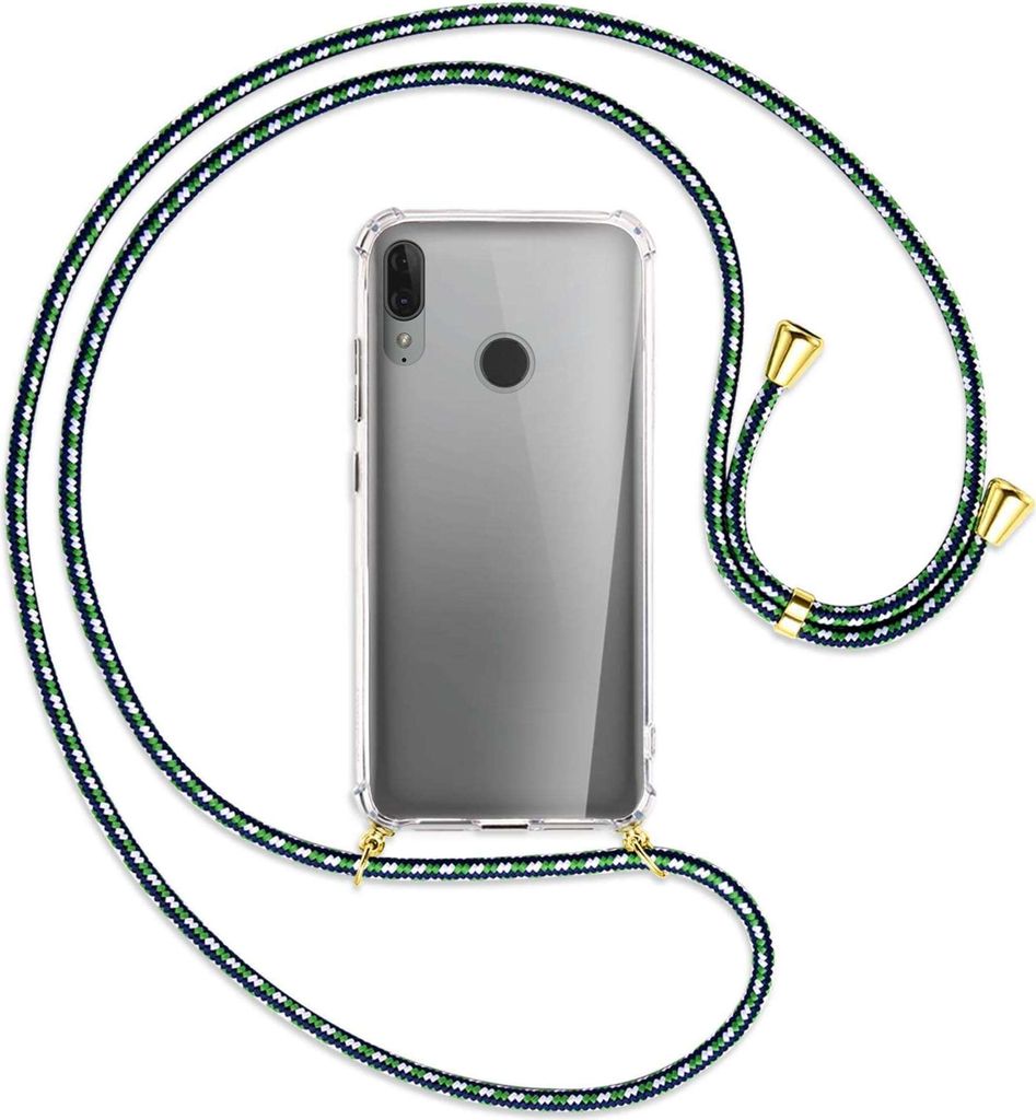Handykette Backcover-Schutzhülle mit Band (Metall goldfarben) für Motorola Moto E6 Plus - grün/blau/weiß