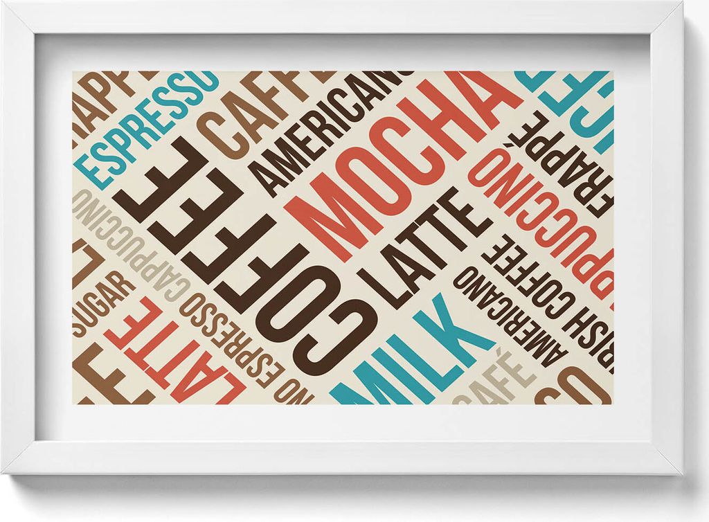 Beschriftungen für die Küche - Kaffeenamen– Wandbild mit Rahmen – Gerahmtes Bild – Wanddekoration – 30x20 cm – Weiß Rahmen