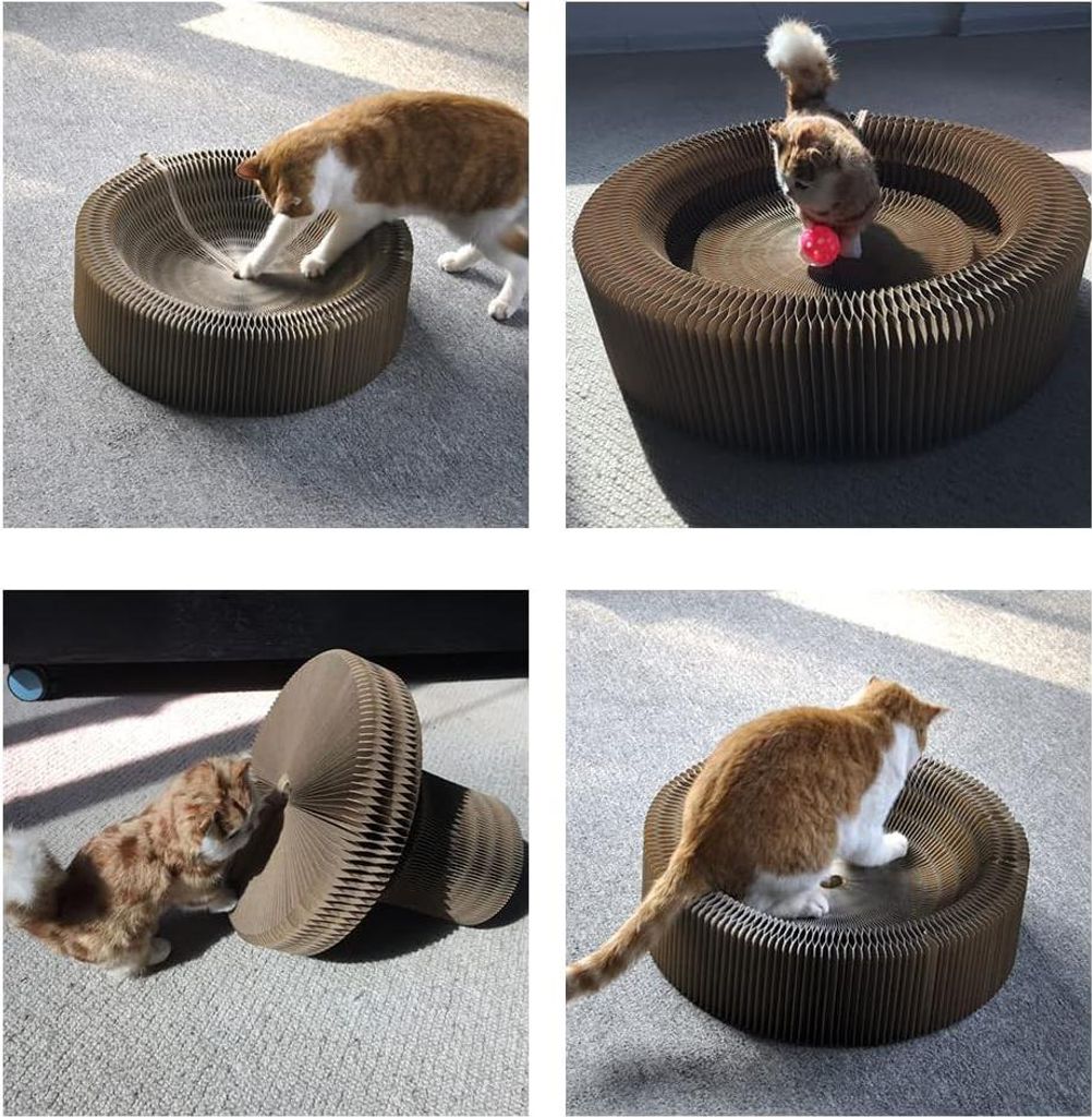 Recyclebare Katzenkratzplatte - rundes Kratzpad Katzenspielzeug - mit Spielball - faltbare Kratzplatte - Lounge Kratzkarton - Kratzmatten - Wellkarton