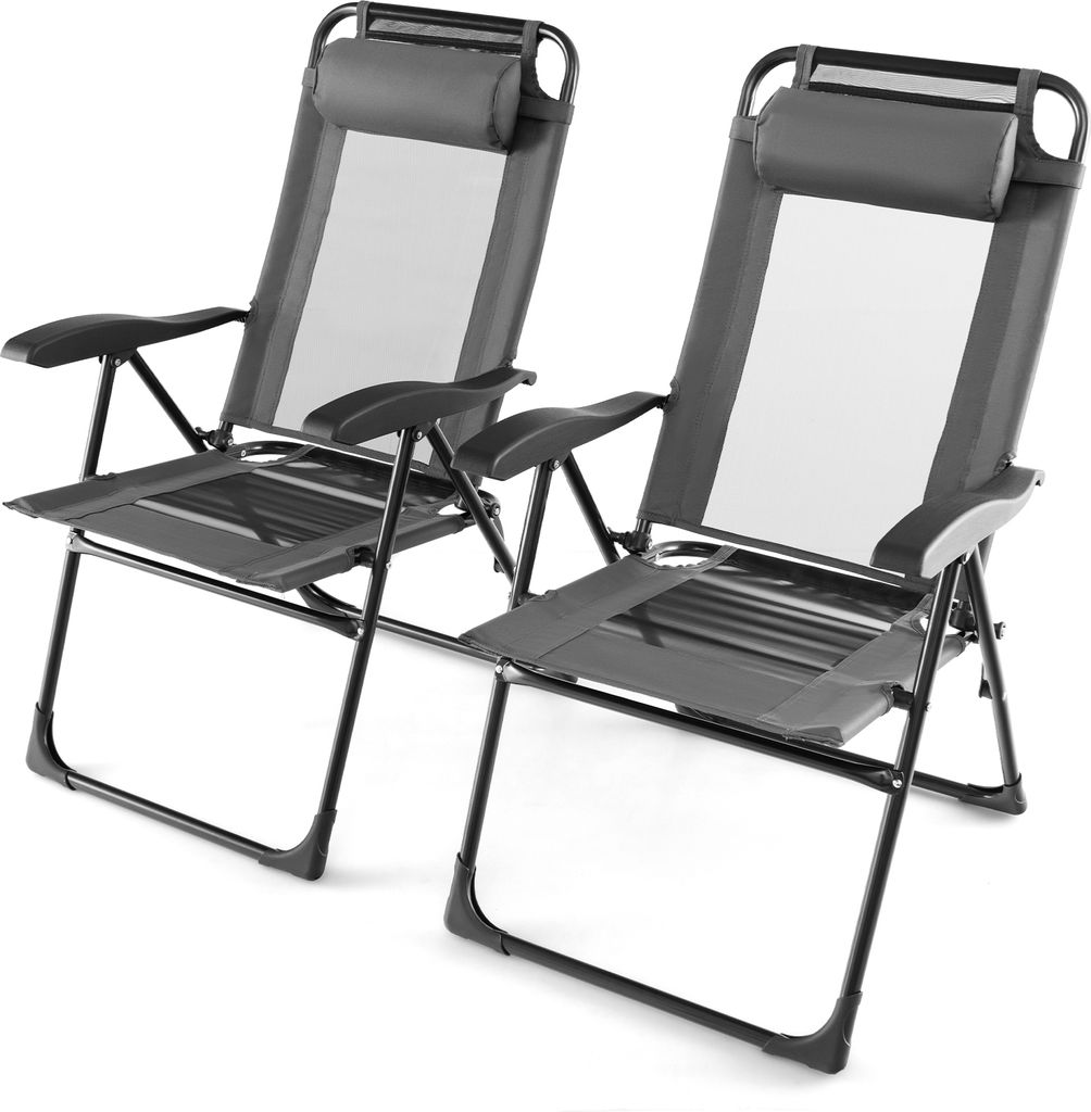 Two gray folding chairs with headrests are shown against a white background.