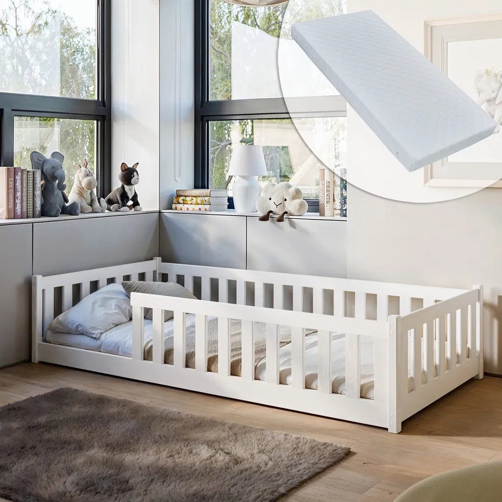 Lit enfant Montessori 90x200 blanc avec matelas et barrière de sécurité