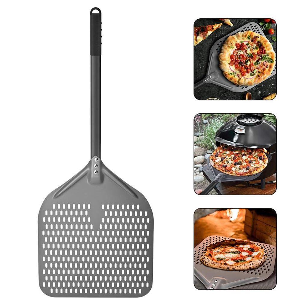 Pizzaschaufel, 12 Zoll Pizzaschieber aus rostfreiem Aluminium, perforiert Design, mit Verbrühungsschutzgriff, Schwarz