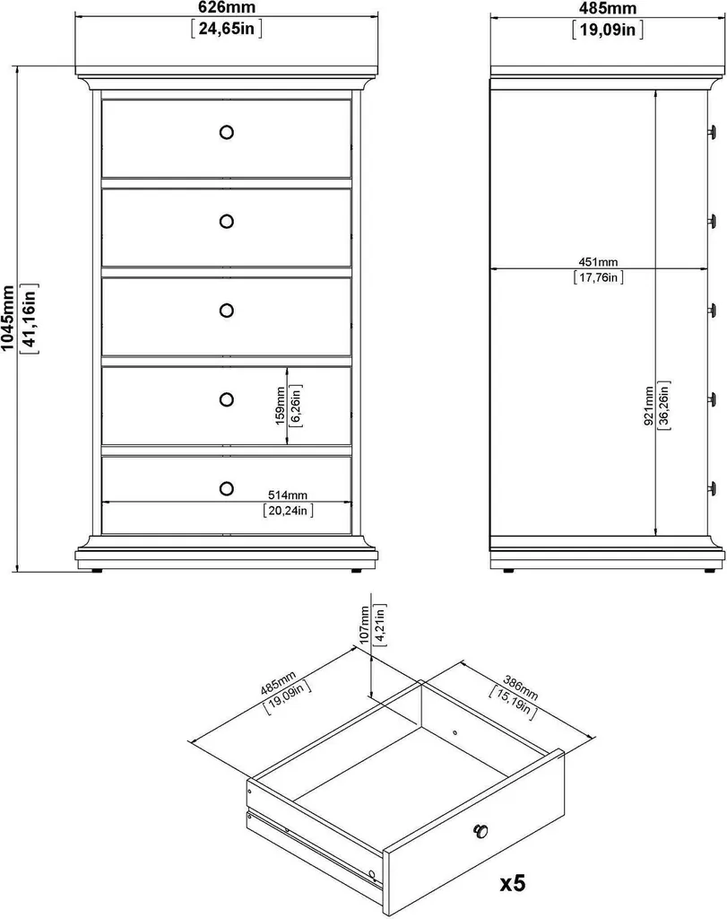 Commode 5 Tiroirs Pékin Gris Anthracite 105 cm - Finition Haute Qualité - 3