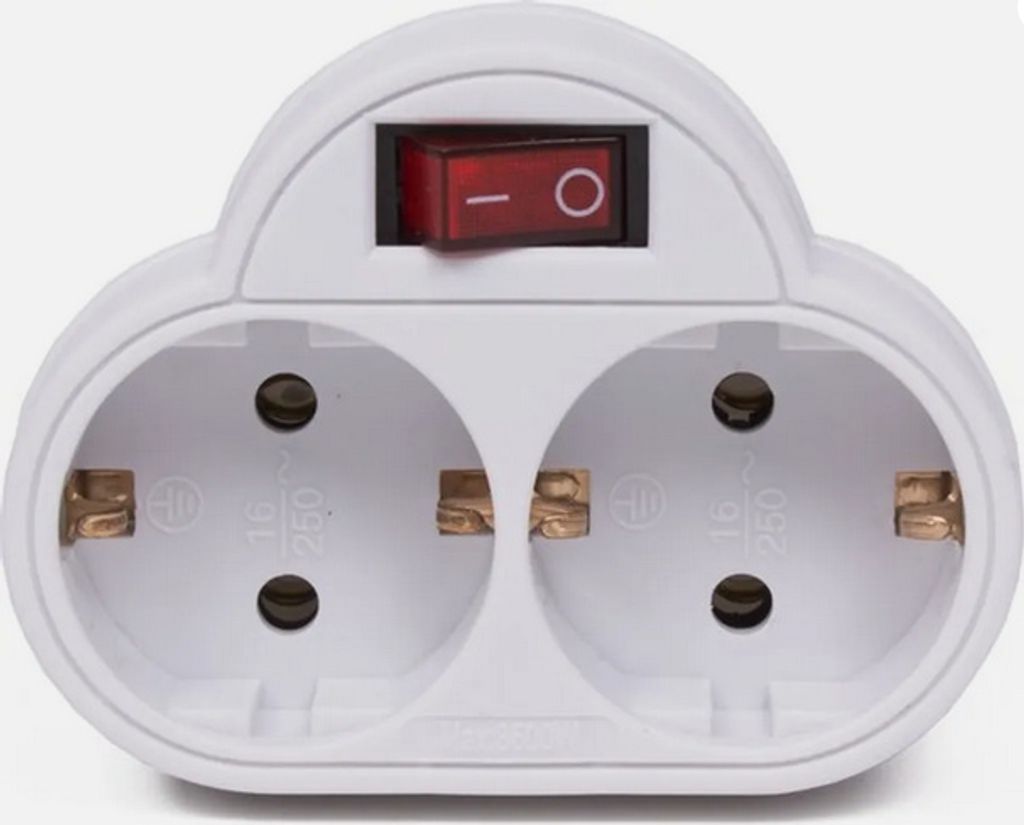 A white electrical adapter with a red switch and two sockets, shown against a plain white background.
