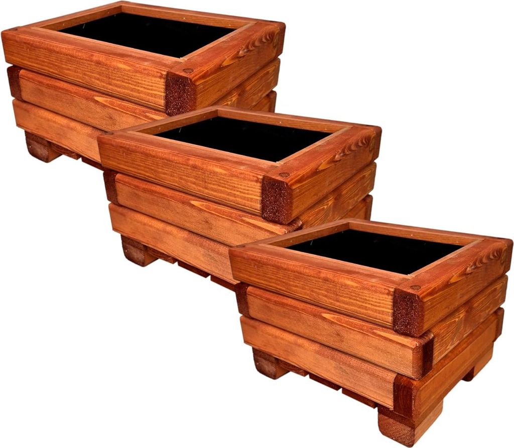HolzGarden 3 Stück Set Pflanzkübel Holz Rechteckig 30x20x25 cm Imprägniert Farbe Mahagoni Wetterfest Blumenkasten Blumentopf