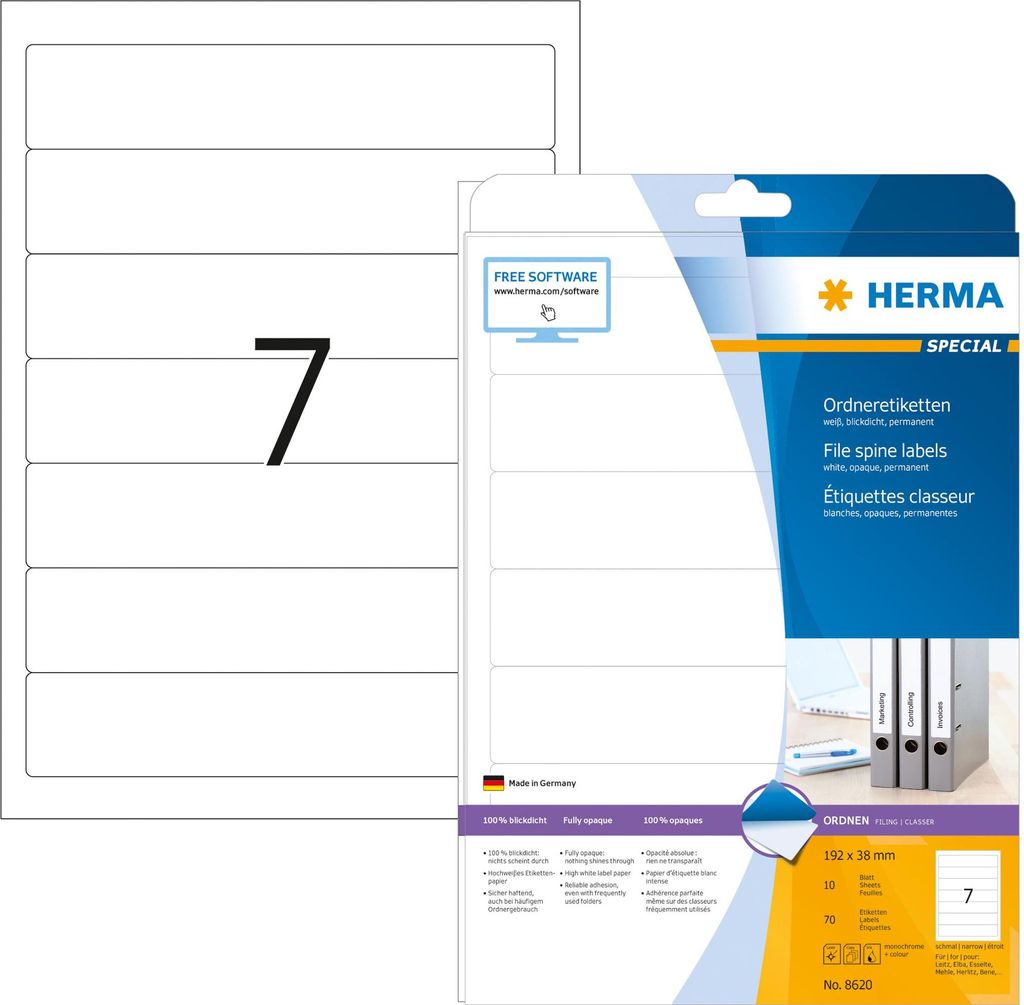 Ordneretiketten A4 weiß 192x38 mm Papier matt blickdicht 70 St.