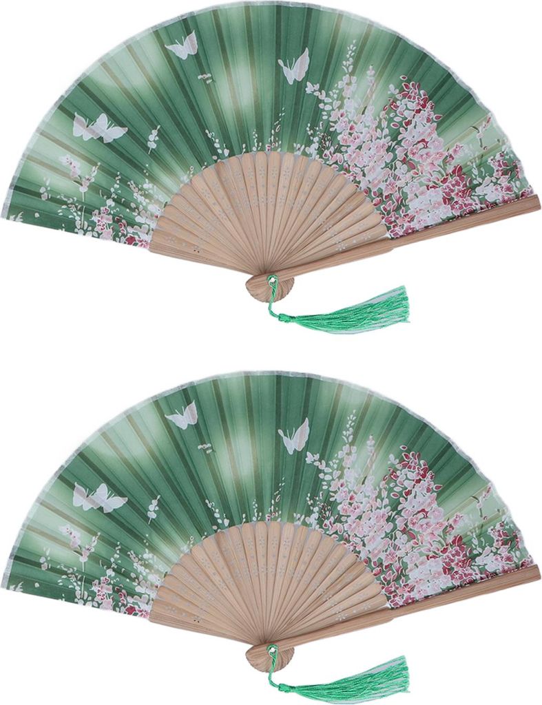 2pcs Folding Lüftergrün einzigartiger Muster Eleganter Stil Handheld tragbares dekoratives Kühlwerkzeug für Werbeartikel