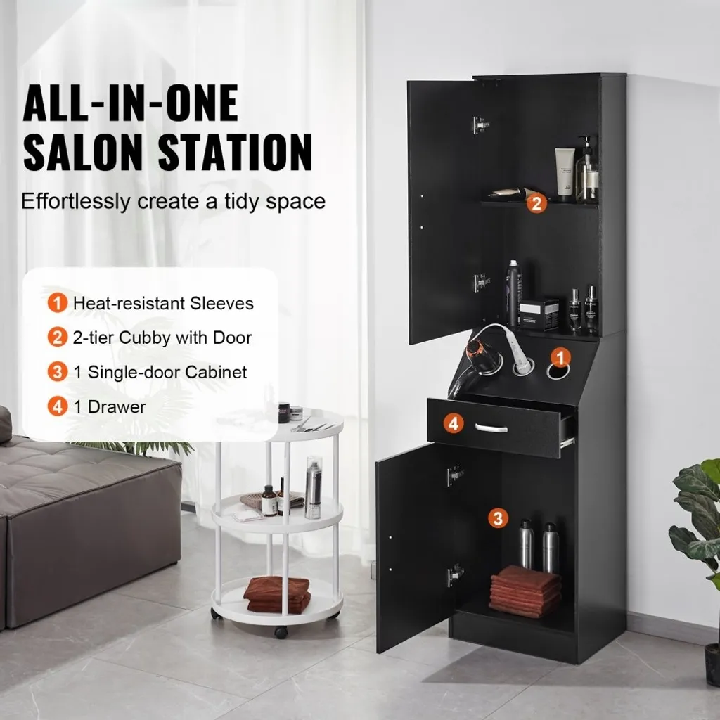 Meuble coiffeuse de rangement avec 3 supports sèche-cheveux et tiroir - 2