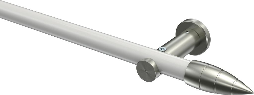 Interdeco Gardinenstange / Vorhangstange Weiß / Edelstahl-Optik, Typ Platon Samanto (Rillenpatrone) ohne Ringe, 20 mm Ø 1-läufig, 320 cm