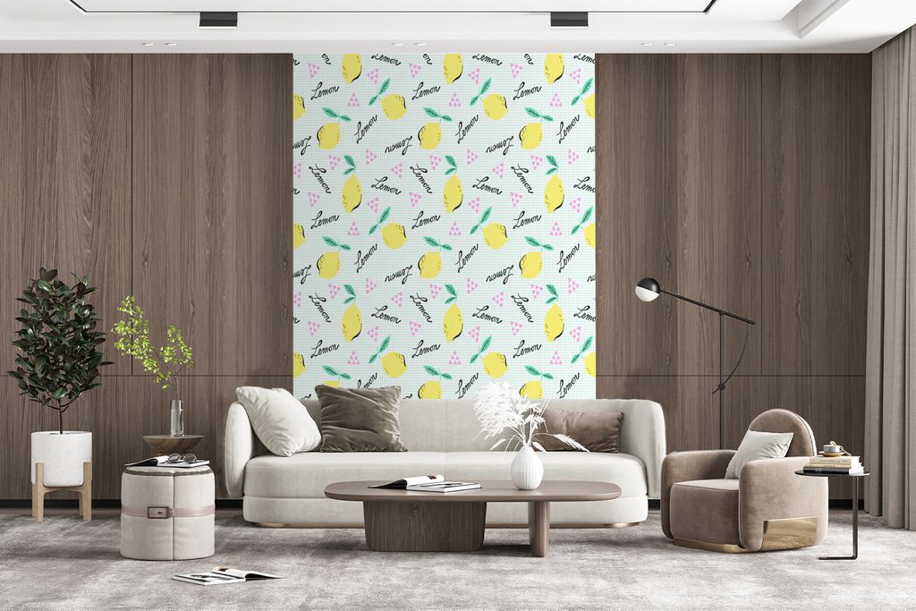 MuchoWow Fototapete für Wohnzimmer oder Schlafzimmer Wandtapete Vinyl Motivtapete Hipster - Zitrone - Pastell - Muster - 145x220 cm - Wanddekora...