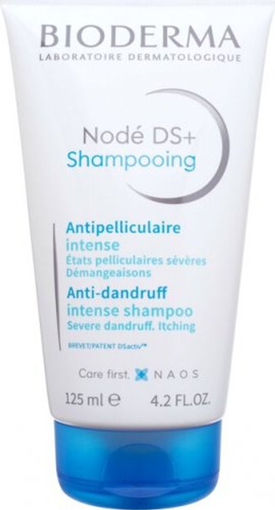A white tube of Bioderma Nodé DS+ Shampoo with a blue cap.