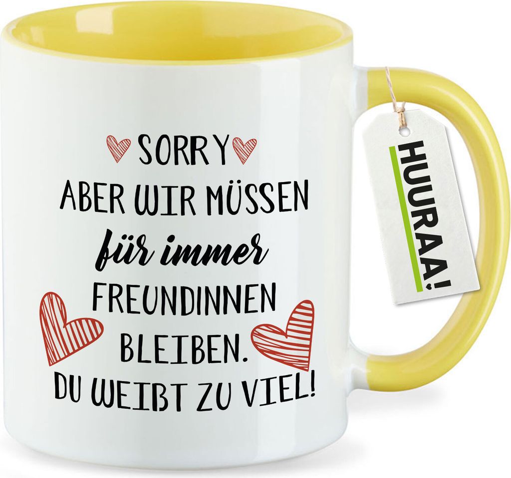 Huuraa Kaffeetasse Du weißt zu viel. Müssen für immer Freunde bleiben. 330ml Gelb Keramik Kaffeebecher Geschenkidee