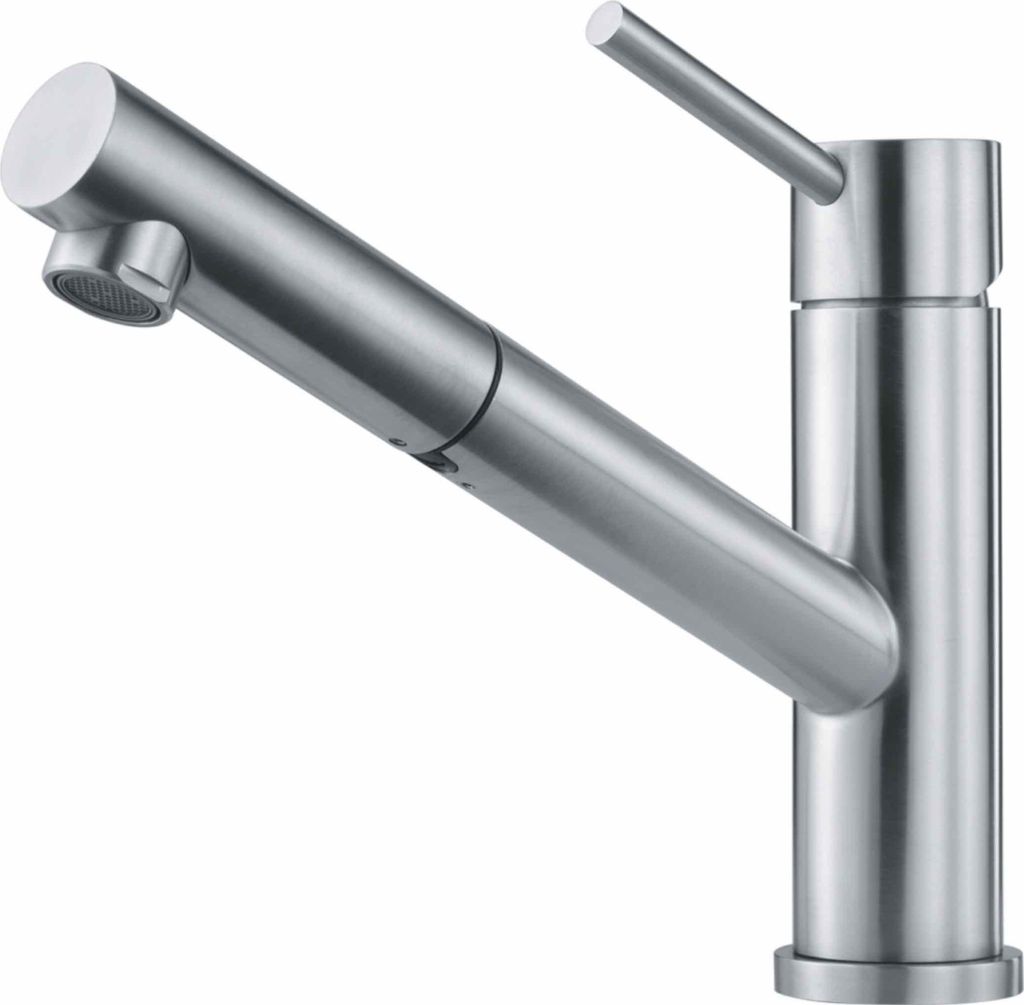 A studio shot of a modern kitchen faucet.