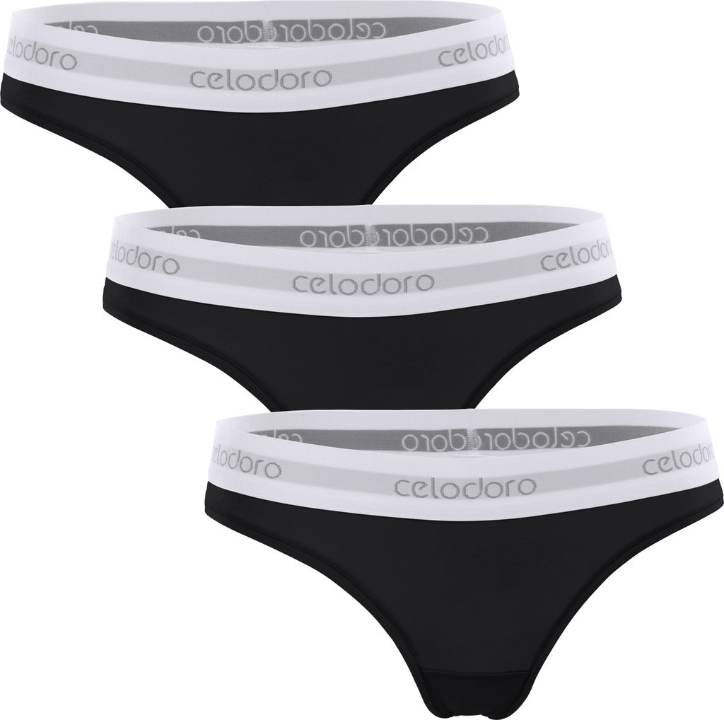 Celodoro Damen Tanga mit Webgummi-Bund (3er Pack) Sport Mini-Slip - Schwarz S