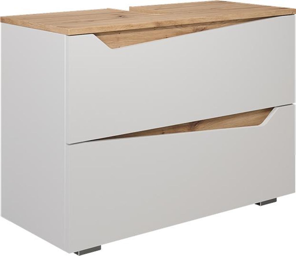 A white and wood-grain two-drawer cabinet.