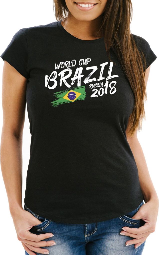 Damen T-Shirt Fan-Shirt Brasilien Brazil Brasil Fan-Shirt WM 2018 Fußball Weltmeisterschaft Moonworks schwarz XXL