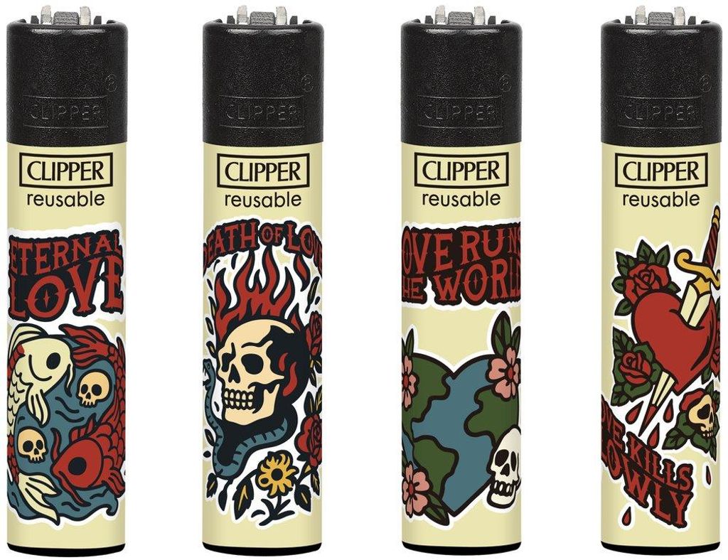 Clipper Feuerzeuge 4er Set New School Skulls