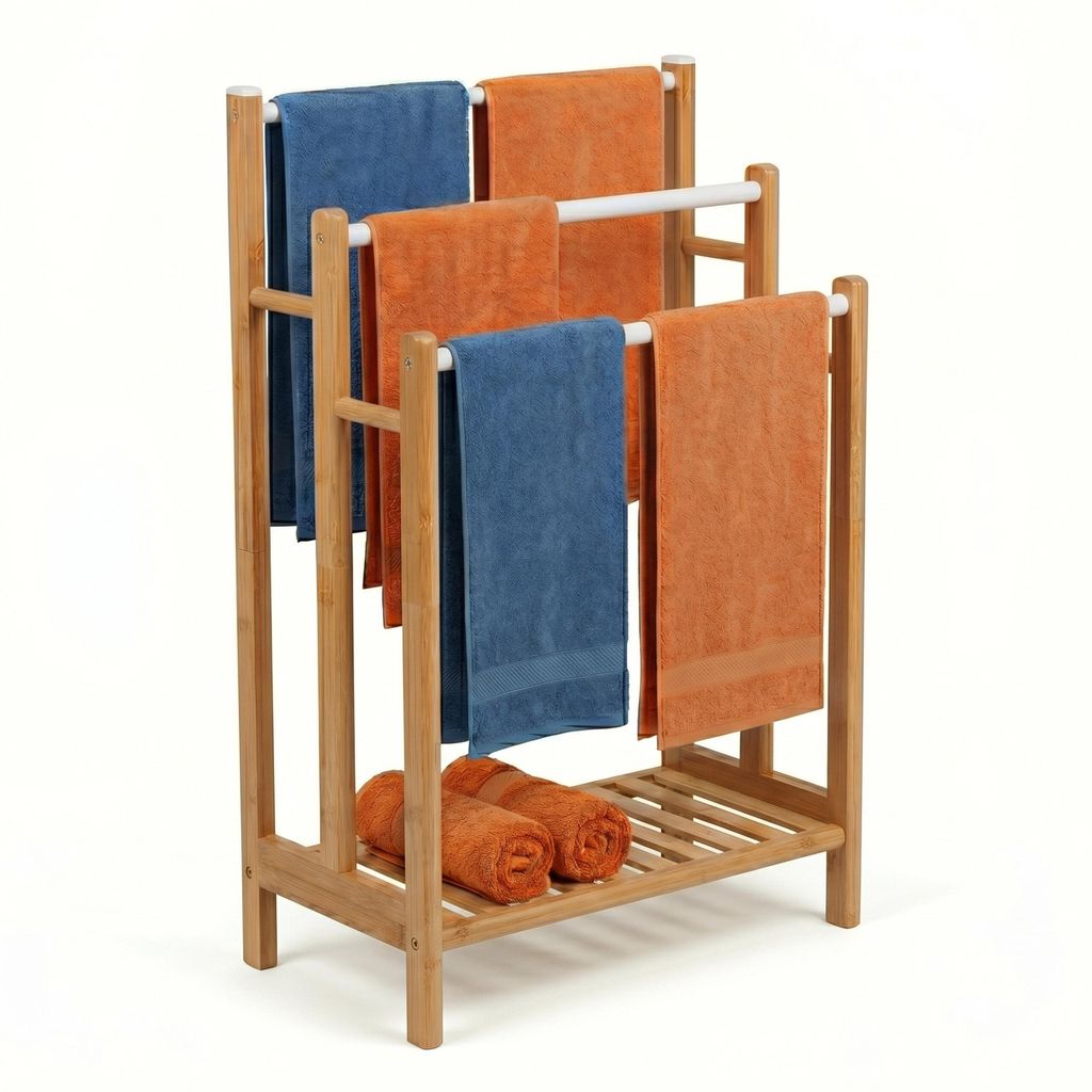 Věšák na ručníky Relaxdays, se 3 tyčemi a odkládací Obrázek produktu 