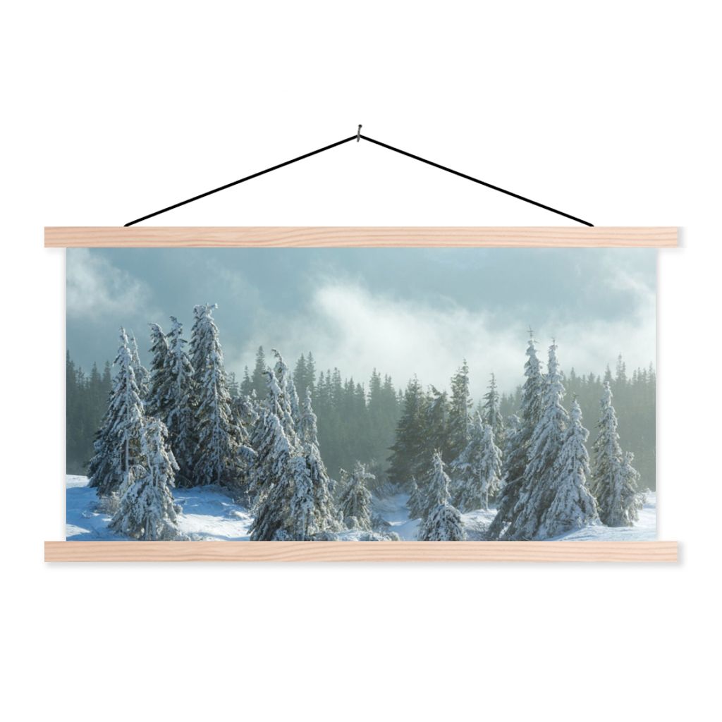 MuchoWow Textilposter Wald - Schnee - Winter 60x30 cm mit holzfarbenen Rahmen - Dekoration
