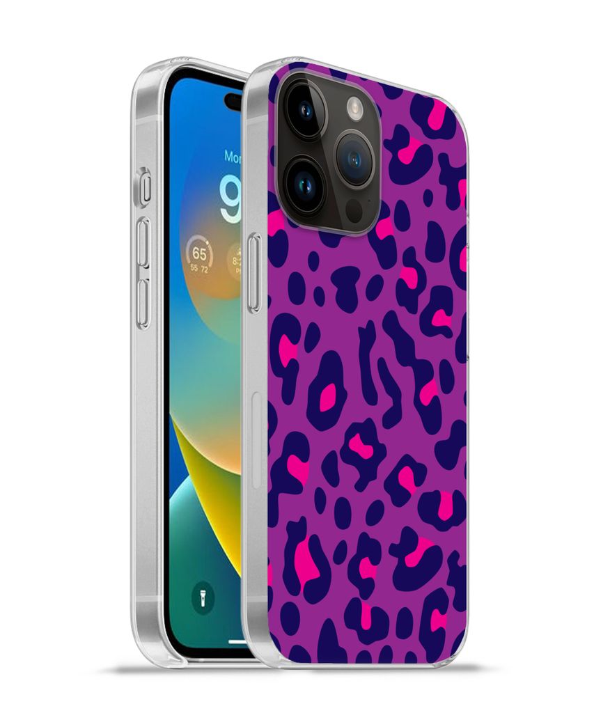 MuchoWow Handyhülle Schutzhülle Hülle für Apple iPhone 14 Pro - Softcase Pantherdruck - Lila - Rosa Silikon Softcase Handy Hülle - Umschlag