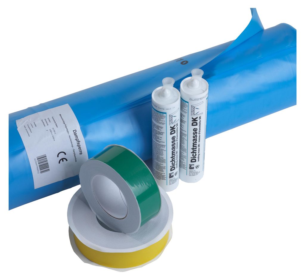 A collection of items for sealing and insulation, including a blue roll of material, two tubes of sealant, and rolls of green and yellow tape.