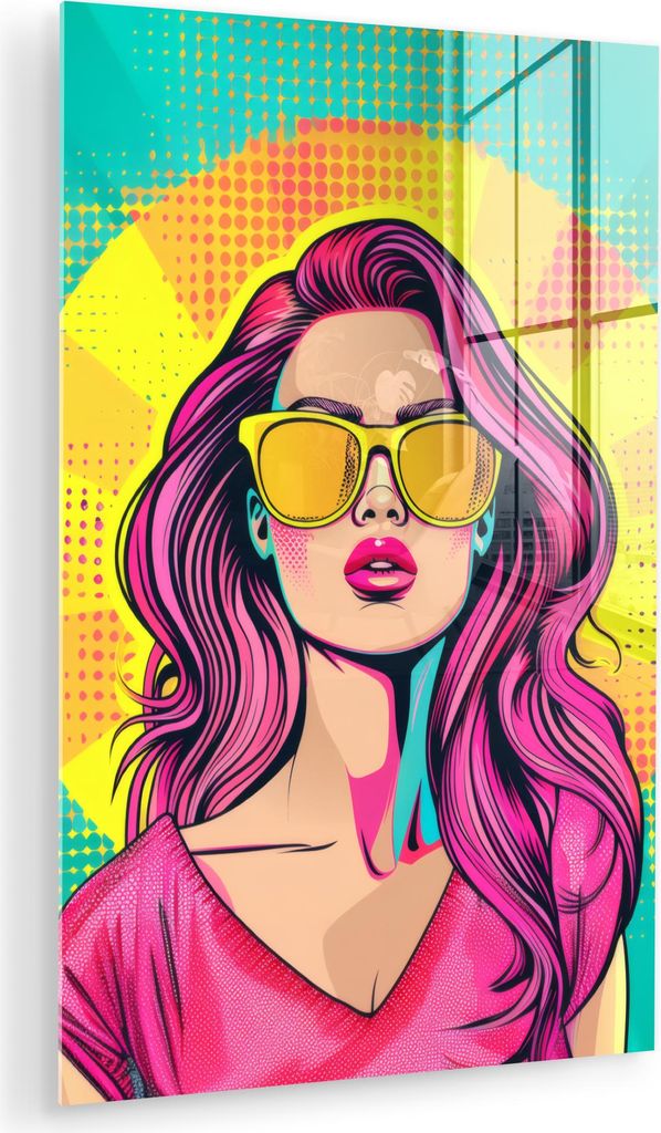 MuchoWow Glasbilder - Bilder auf Wandbild - Foto auf Glas Sonnenbrille - Frau - Sonnig - Gelb 80x120 cm Wanddekoration aus Glas - Acrylglasbild - A...