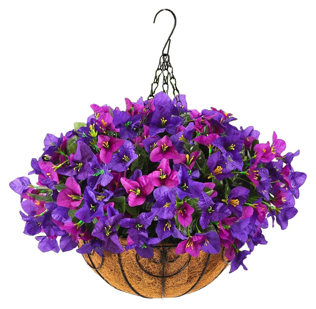 1/2 Stück künstliche Bougainvillea Speetabilis zum Aufhängen im Kokospalmen-Blumenkorb, UV-beständig, künstliche Blume, Dekoration für drinne...