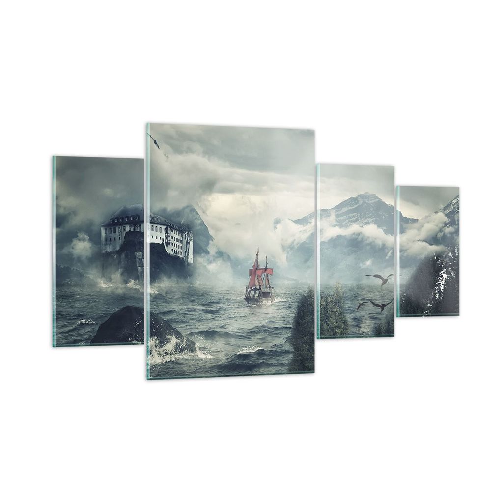 Bilder auf glas - 4 Teile - Sturm Berge Segelschiff - 160x90cm - Glasbilder - Wandbilder - Bilder - zum Aufhängen bereit - Wanddekoration aus Glas...