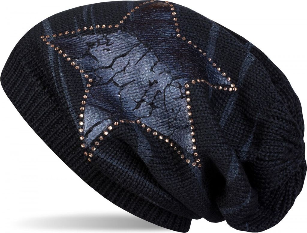 styleBREAKER Damen Strick Beanie Mütze mit Vintage Stern Print und Strass Rand, Strickmütze mit Streifen Muster 04024083