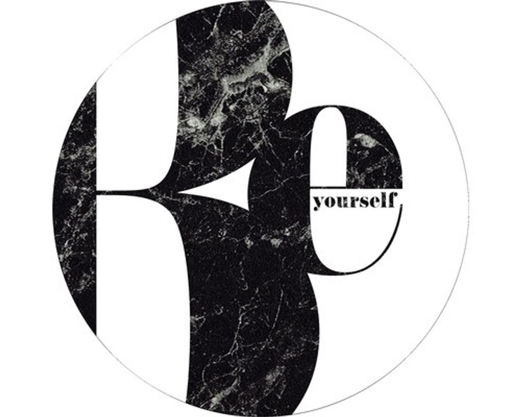 Modernes Glasbild mit motivierendem Schriftzug „Be yourself“, Schwarz-Weiß, 20 cm Durchmesser