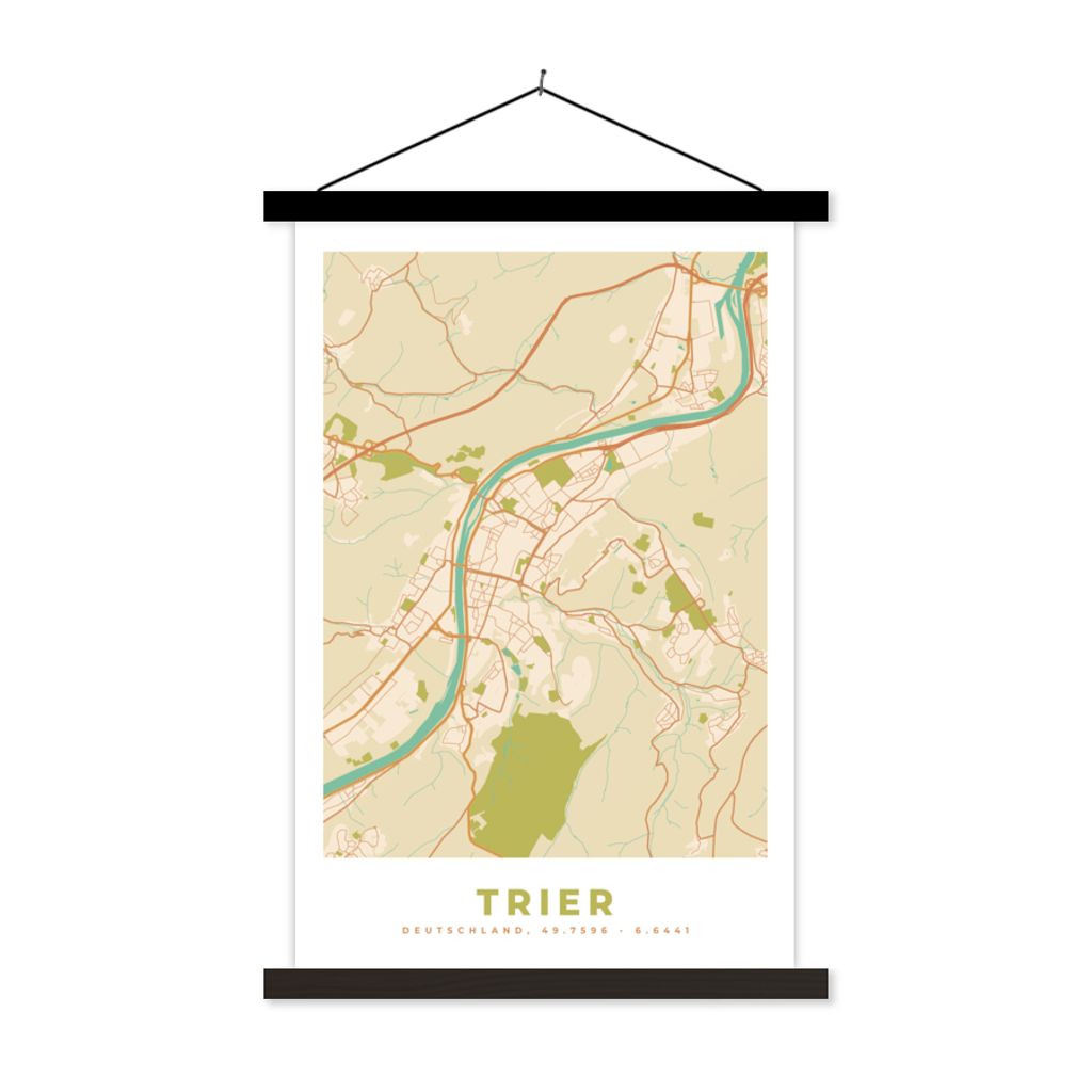 MuchoWow Textilposter Trier - Karte - Stadtplan - Vintage 60x90 cm mit schwarzem Rahmen - Poster Wohnzimmer
