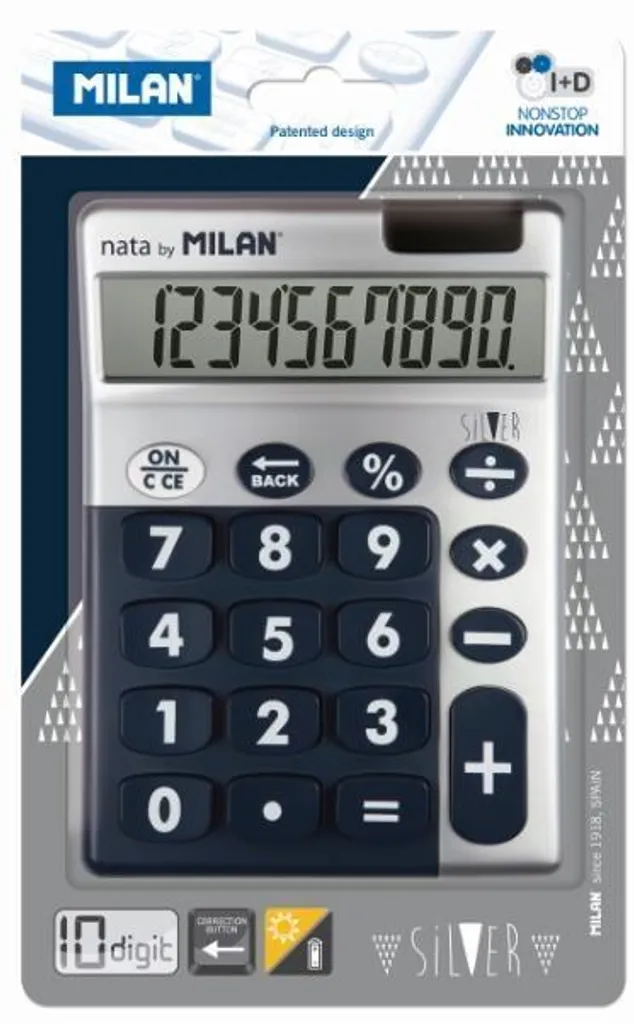 MILAN Calcolatrice 10 Cifre Blu Argento - Display LCD Tasti Grandi