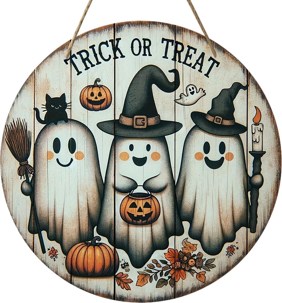 Halloween-Schild für die Haustür, Halloween-Kranz, Holzschild zum Aufhängen, Boo, Geist, Kürbis, Hexe, Willkommensschild für Fenster, Wanddeko...