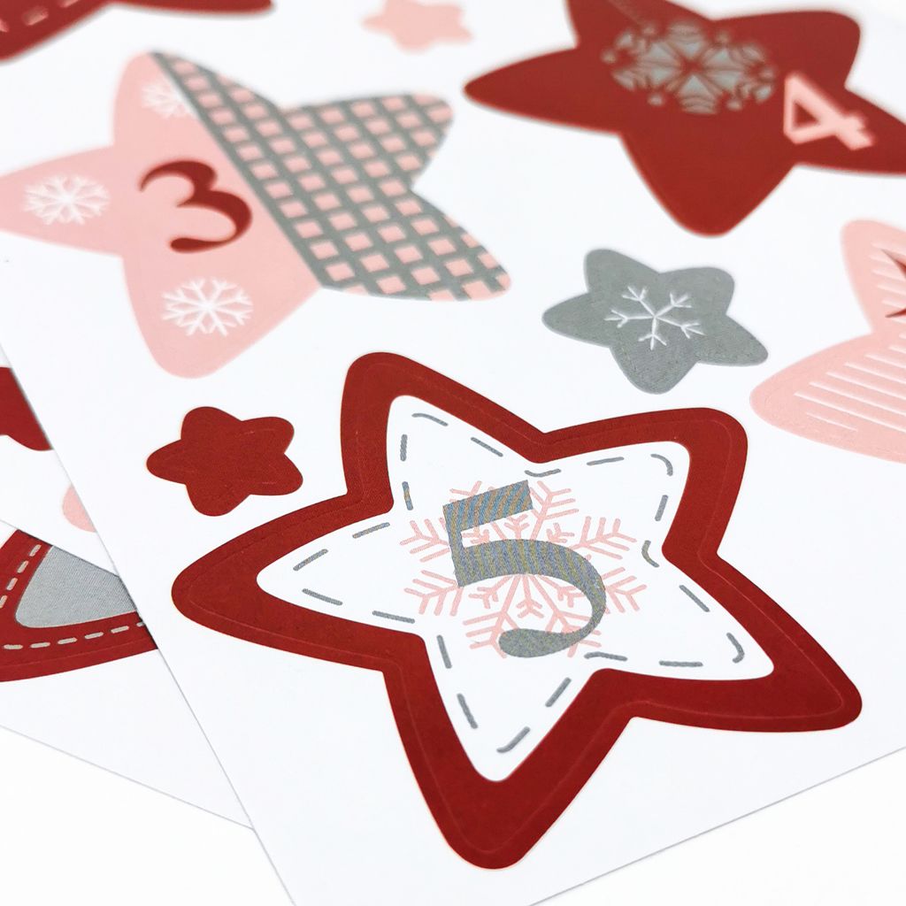 25 Stern Klammern und Zahlen Sticker Aufkleber für Weihnachten  Adventskalender Deko DIY Kalender Basteln - rot