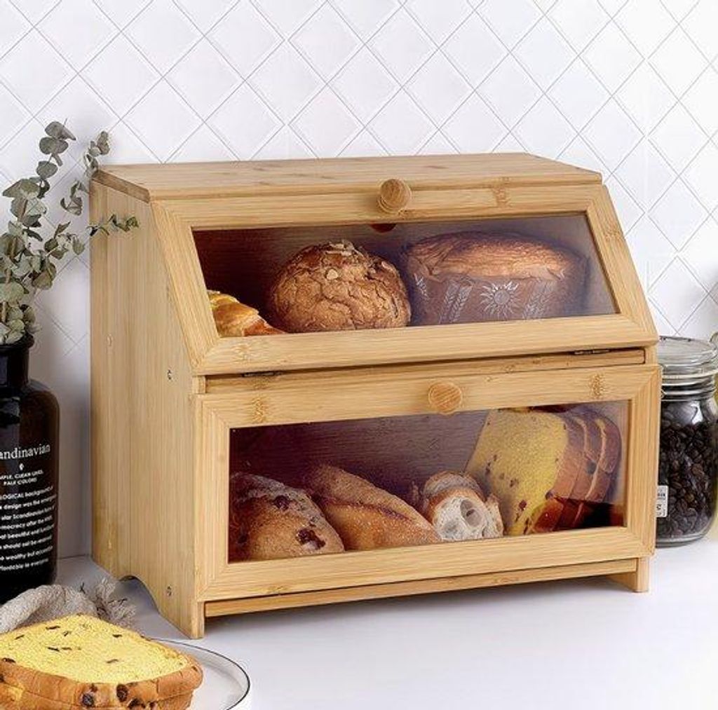 Holzbrot Aufbewahrungsbox – Zwei Ebenen mit Lüftung und Beobachtungsfenster, Großer Holzbrotdispenser