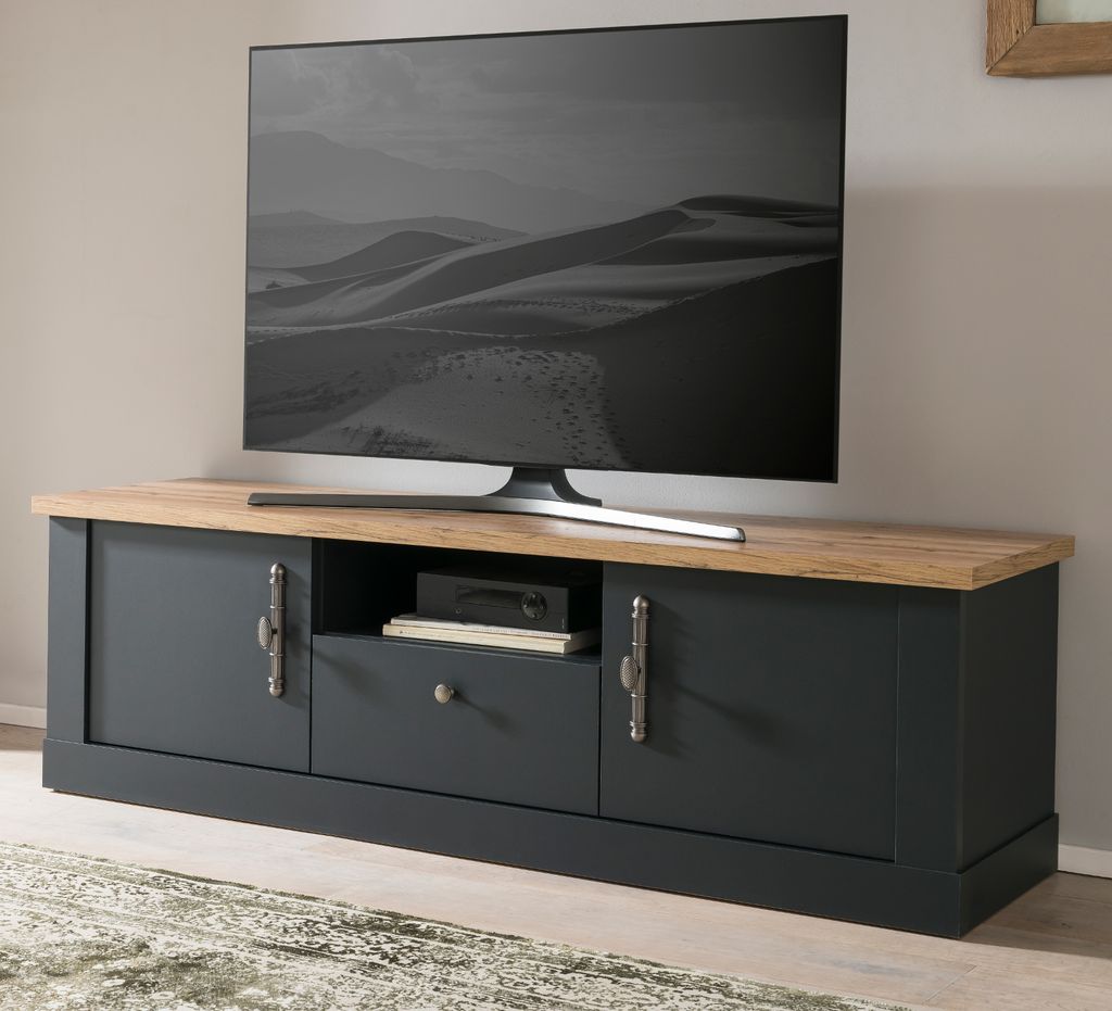 TV-Lowboard "Ribera" in grau und Wotan Eiche Landhaus mit Stauraum und Soft-Close 158 x 51 cm